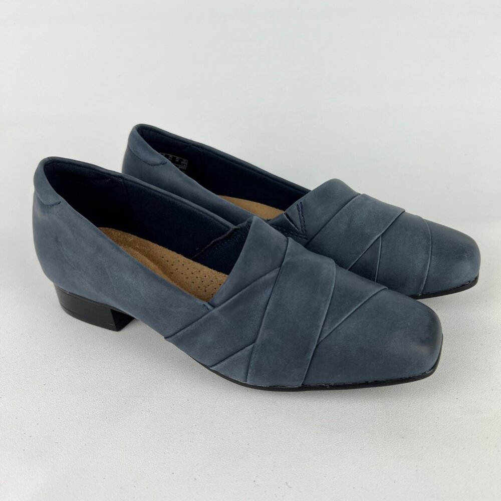 Clarks Womens Tilmont Clara Slip On Flat Loafers Blue Leather Square Toe sz 6.5